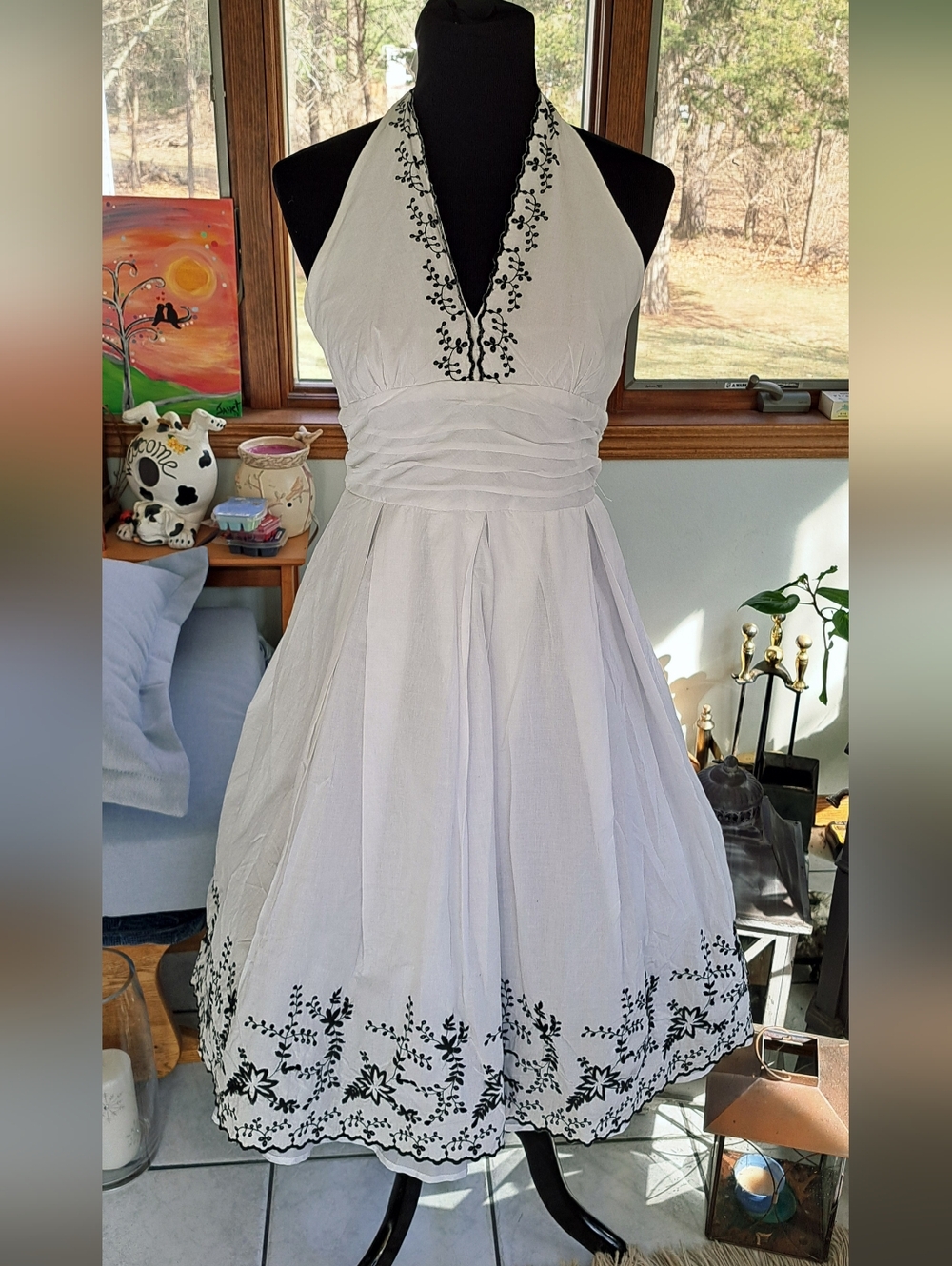 White Cotton Haulter Dress w/ Black Embroidery